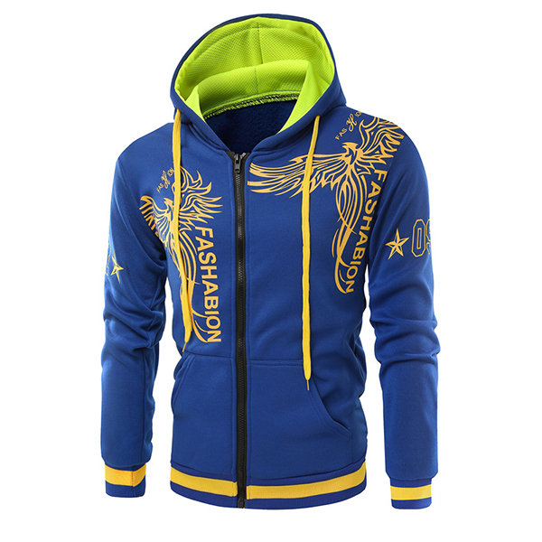 Mens 3D Printed Stitching Color Slim Fit Casual Zip Up Hoodies